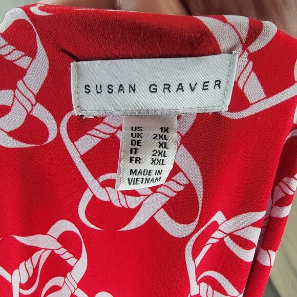 Susan Graver Womens 1X Red White Blouse Top Chainlink Layered 3/4 Sleeve Stretch - Picture 3 of 15